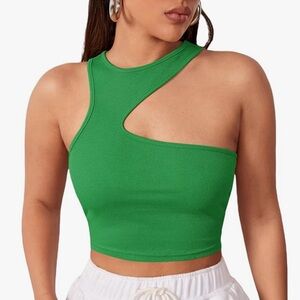 Green Asymmetrical Neck Sleeveless Slim Fitted Ribbed Crop Tank Top